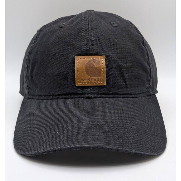 Carhartt Hat Cap Strap Back Black Brown Leather Patch Canvas Mens Work Wear - Picture 2 of 5